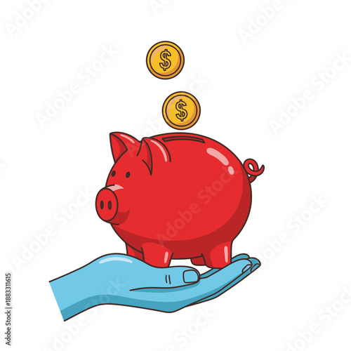 Piggy bank held in hand with coins, saving money concept, financial security.