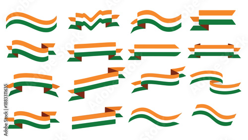 Set of 16 Orange Green White Ribbon Banners Vector