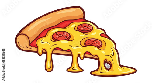 Cartoon Illustration of a Delicious Pizza Slice with Dripping Melted Cheese and Pepperoni Toppings