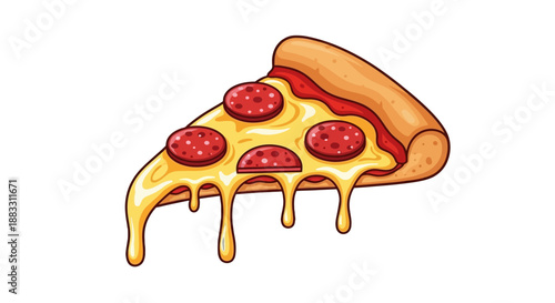 Vibrant Cartoon Illustration of a Single Slice of Pepperoni Pizza with Deliciously Dripping Melted Cheese and a Golden brown Crust