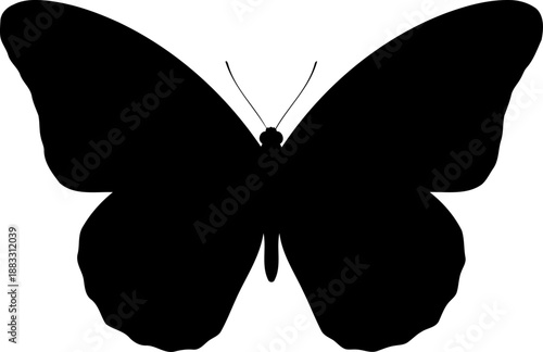 Butterfly insect black silhouette with wings spread wide in a top down view