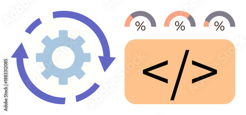Process automation, software development, data analysis, progress tracking, coding workflow, engineering. Gear with arrows and coding symbol along with visual percentage indicators. Process