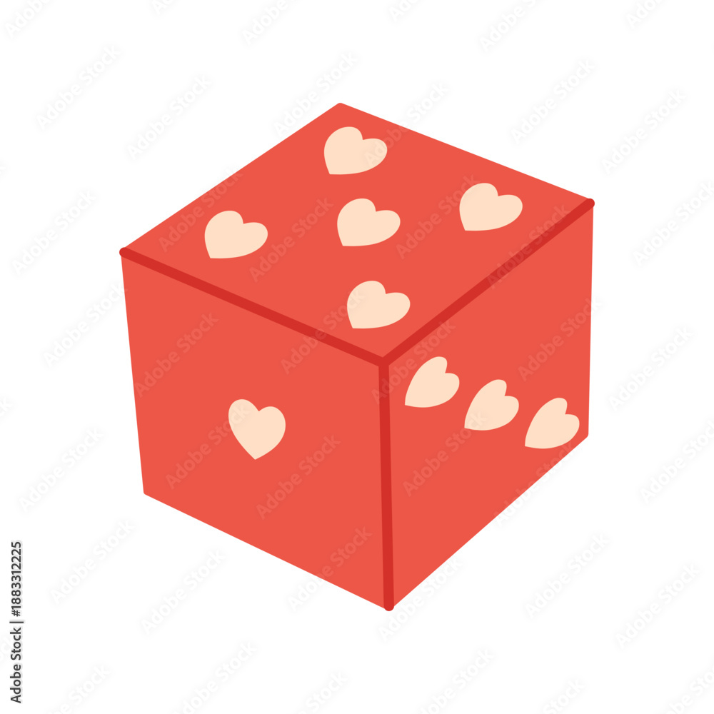 Fototapeta premium Playing dice illustration with heart icons instead of dots, symbolizing love, chance, and romance. For Valentine, wedding design, games, cards, prints. Isolated background. Hand drawn. Flat vector.