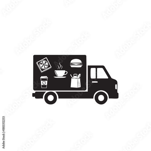Black and white delivery truck with food and drink burger coffee
