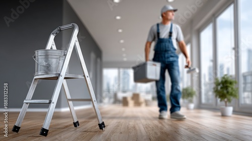Wallpaper Mural A man is focused on his home renovation work, holding a toolbox with a ladder and bucket in the foreground Torontodigital.ca