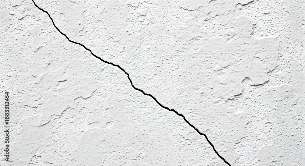 Fototapeta premium Closeup texture of cracked white plaster wall with jagged dark fissure