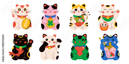 Japanese lucky cat set. Maneki Neko asian waving cats, cute traditional fortune characters, success amulet and good luck talisman souvenir cartoon style. Vector collection