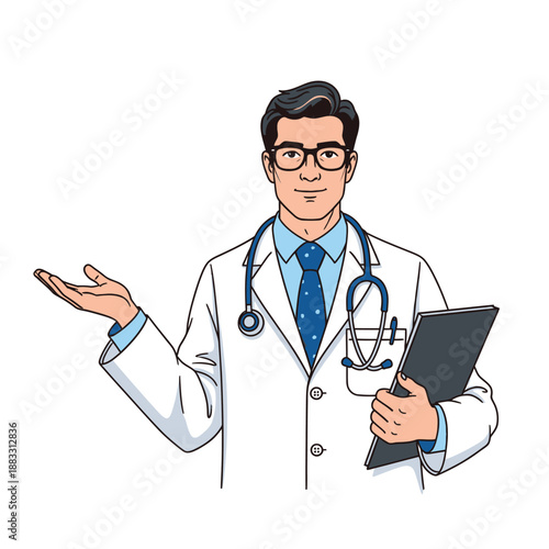 Professional doctor in white coat holding clipboard and gesturing with hand.