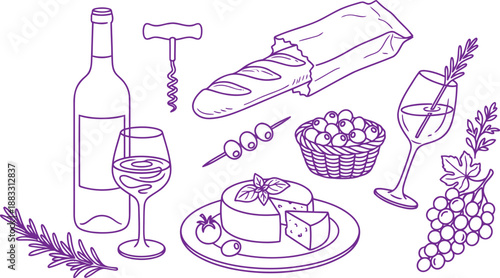 Wine and cheese tasting hand drawn sketch illustration set