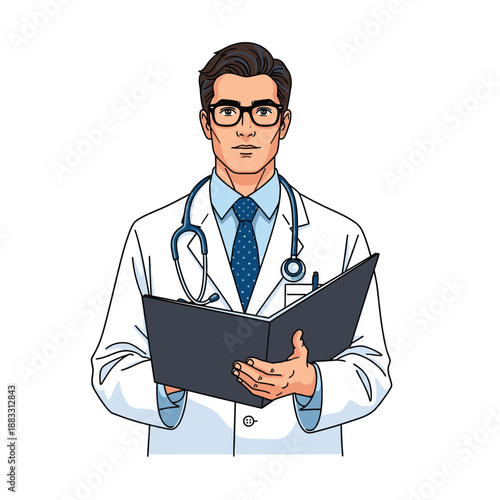 Professional doctor in white coat holding medical records, looking serious and focused.