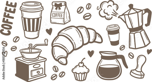 Coffee shop equipment and pastries brown doodle set