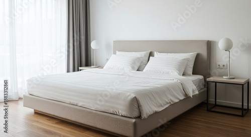A large, comfortable bed in a bright, modern bedroom. Crisp white linens, pillows, and a soft duvet invite peaceful slumber and rest ,house ,decoration ,resort