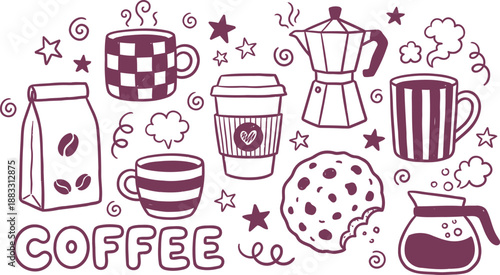 Cute hand drawn coffee and cookies doodle vector set