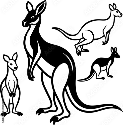 A collection of stylized illustrations depicting kangaroos in various poses. The kangaroos are rendered in warm, earthy tones of beige and brown, with subtle shading to define their musculature. One k