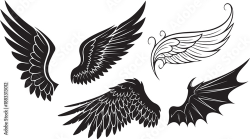 A diverse collection of stylized wings in black and white, featuring angelic, feathered, and demonic designs