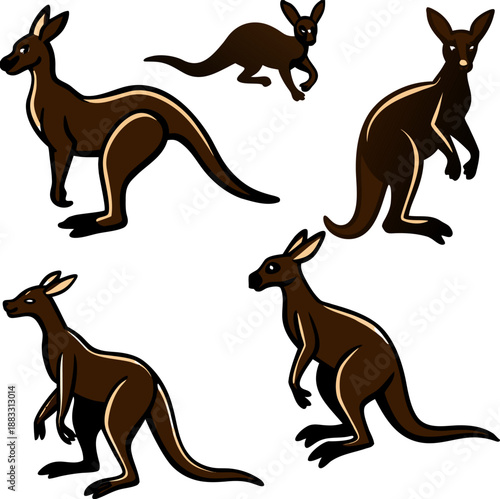 A collection of stylized illustrations depicting kangaroos in various poses. The kangaroos are rendered in warm, earthy tones of beige and brown, with subtle shading to define their musculature. One k