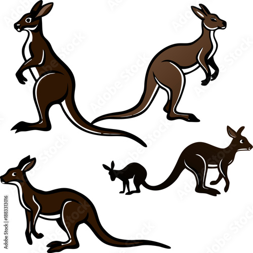 A collection of stylized illustrations depicting kangaroos in various poses. The kangaroos are rendered in warm, earthy tones of beige and brown, with subtle shading to define their musculature. One k