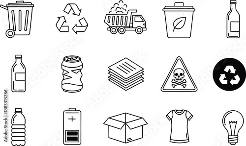 A collection of line icons representing different aspects of recycling and waste management