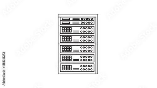 Server rack with blinking lights and equipment, line art illustration representing data center, IT, or technology.