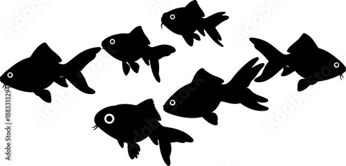 School of goldfish black silhouettes swimming together in various directions in side profile