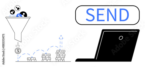 Marketing strategy, lead generation, sales conversion, online payment, data processing, revenue growth. Funnel directing coins, laptop with send button. Marketing strategy and lead generation concept