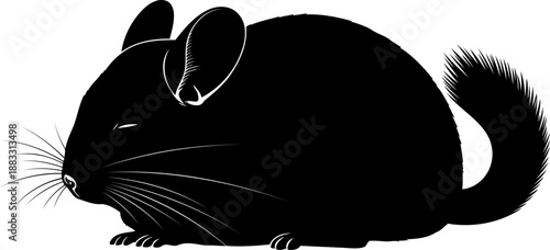 Sitting chinchilla rodent black silhouette in side profile with whiskers and fluffy tail