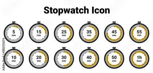 Collection of stopwatch icons with various time intervals from five minutes to one hour