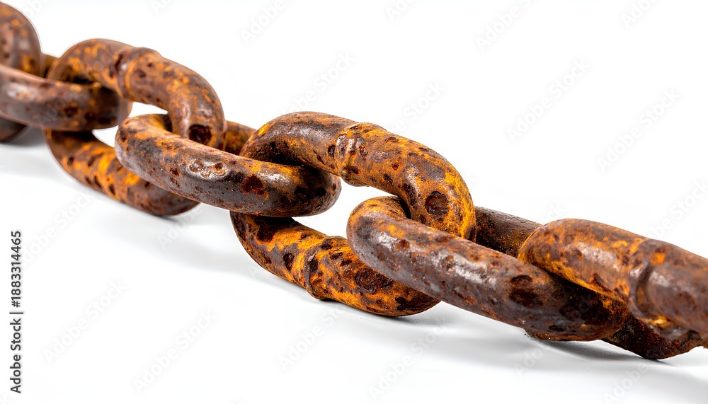 Fototapeta premium Corroded iron chain stretched out on white surface illustrating tension and weathering