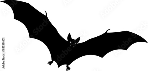 Flying bat silhouette front view with wide wingspan vector illustration for halloween and wildlife themes