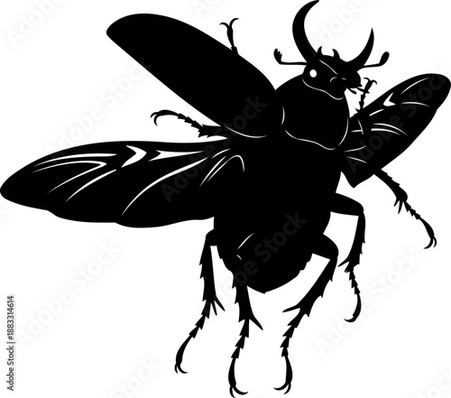 Flying rhinoceros beetle silhouette with open wings vector illustration for insect biodiversity themes
