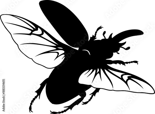 Flying rhinoceros beetle silhouette top view vector graphic