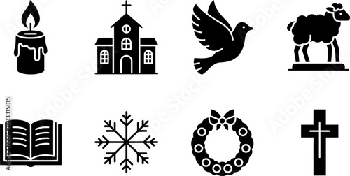 Candlemas Day icons collection: church, candle, dove, lamb, book, snowflake, wreath, cross