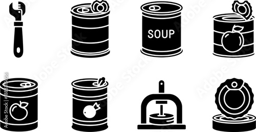 Canned food icons and can opener for National Canned Food Month
