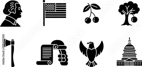 Washington's Birthday icon set with historical symbols