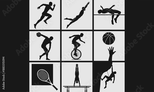Vector Set of 9 Diverse Athletic Sports and Extreme Activities Conceptual Silhouettes