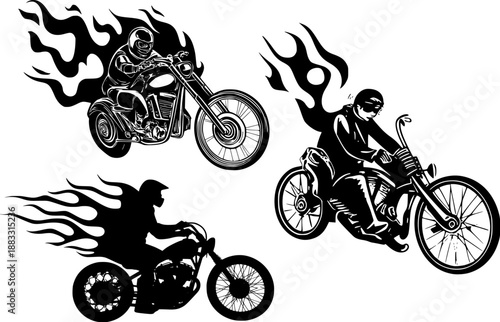 Set of custom chopper motorcycles with dramatic flames on wheels and frames, Black and white illustration isolated on transparent background