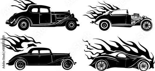 Set of classic hotrod cars with custom flames design, racing roadster for garage or service design