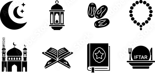 Ramadan icons set with crescent moon, mosque, and Iftar plate