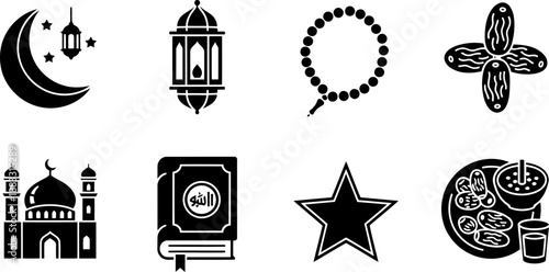 Ramadan icons collection: mosque, crescent moon, lantern, Quran