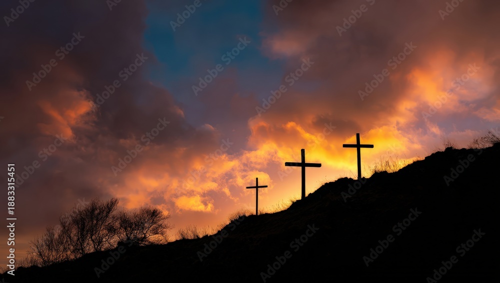 Obraz premium Three crosses stand silhouetted against a dramatic, colorful sunset sky, evoking a sense of solemnity and spiritual reflection. ..Created with Generative AI, not depicting real subjects.