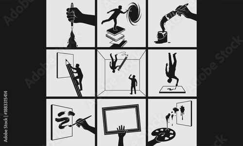 Vector Set of 9 Conceptual Art Silhouettes Creation and Reality Themes