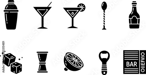 World Bartender Day cocktail bar icons in black and white vector set