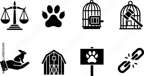 Justice for Animals Week icons with scales, paw print and cage