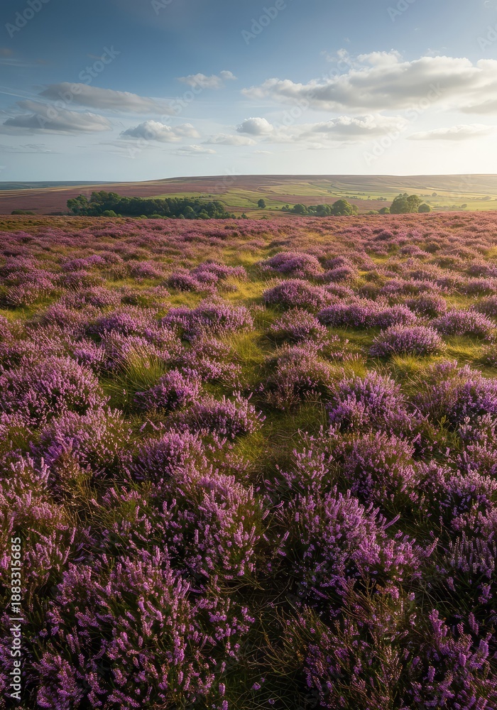 Fototapeta premium Dense purple and green heather covering rolling moorland hills under a bright natural sky, perfect seasonal texture ,upland ,moorland ,hills