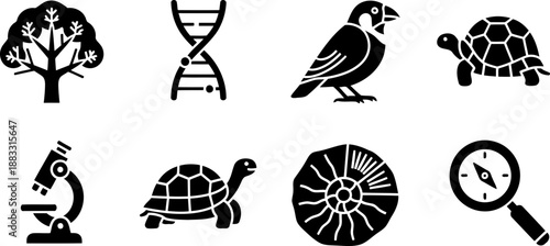 Darwin Day evolution icons set with DNA, tree, bird, turtles, fossil, microscope