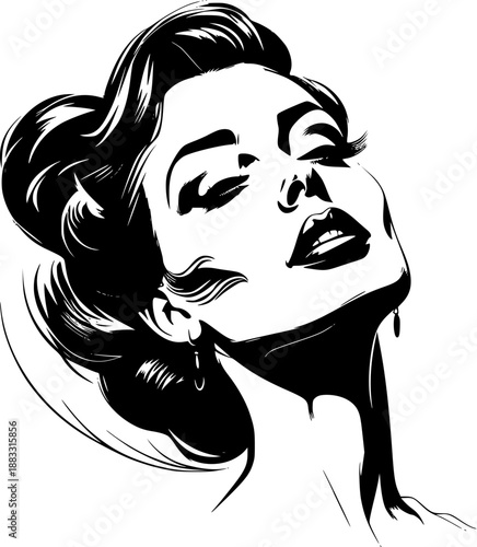 Ink drawing portrait of young woman with voluminous wavy hair glancing sideways mysteriously on white background