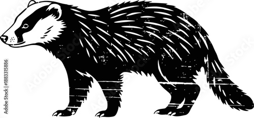 Black and white illustration of a badger walking with detailed fur and sharp features