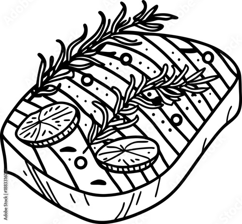 Grilled fish fillet with lemon slices and rosemary herbs, fresh seafood dish illustration