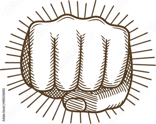 Strong clenched fist punching forward with radiating lines vintage engraving