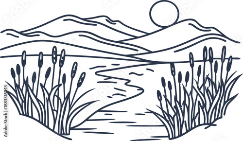 Peaceful lakeside landscape with cattails and mountains under the sun